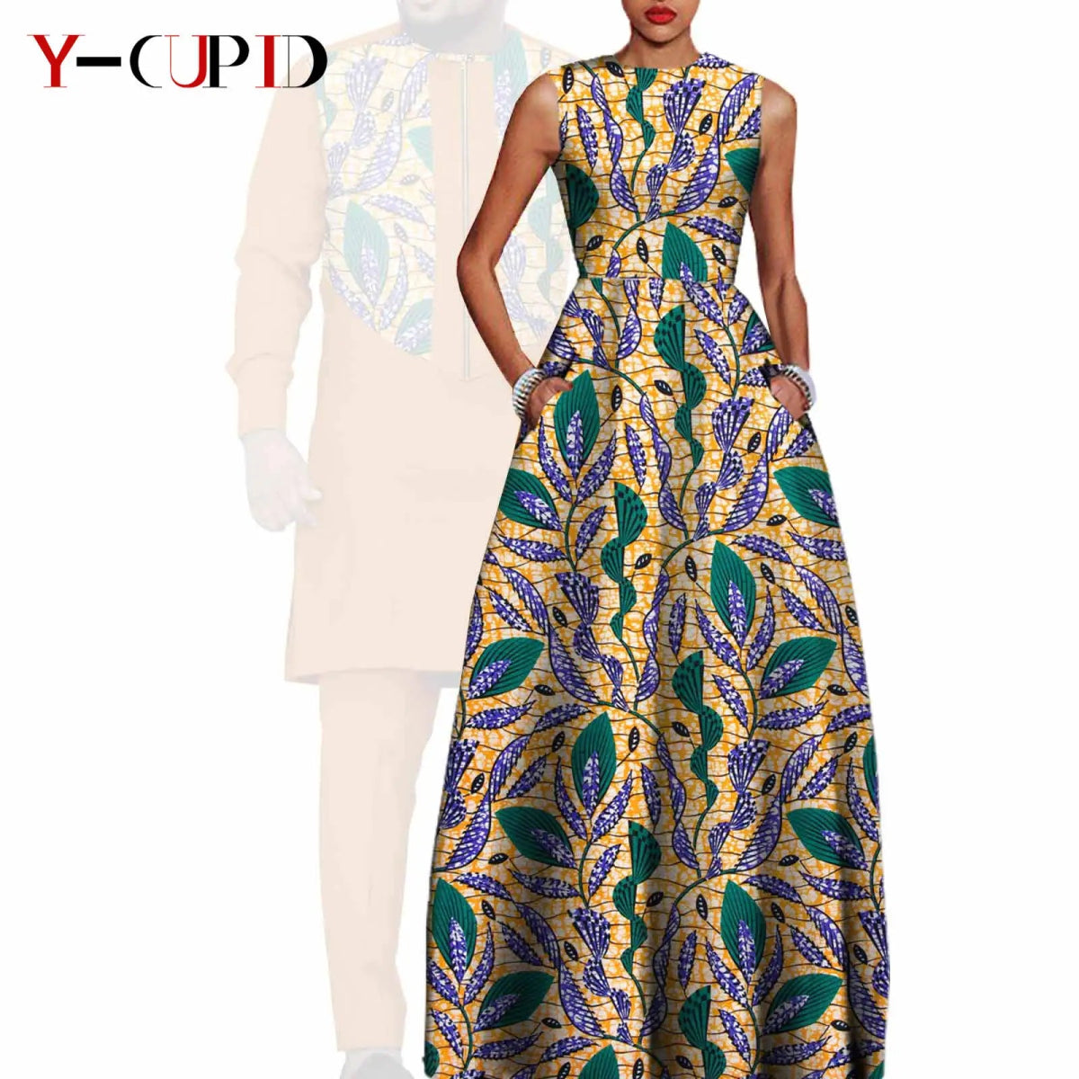Dashiki Couple Outfit Set – Women’s African Dress with Men’s Bazin Riche Top and Pants for Special Occasions - Free Delivery Worldwide only at Flexi Africa