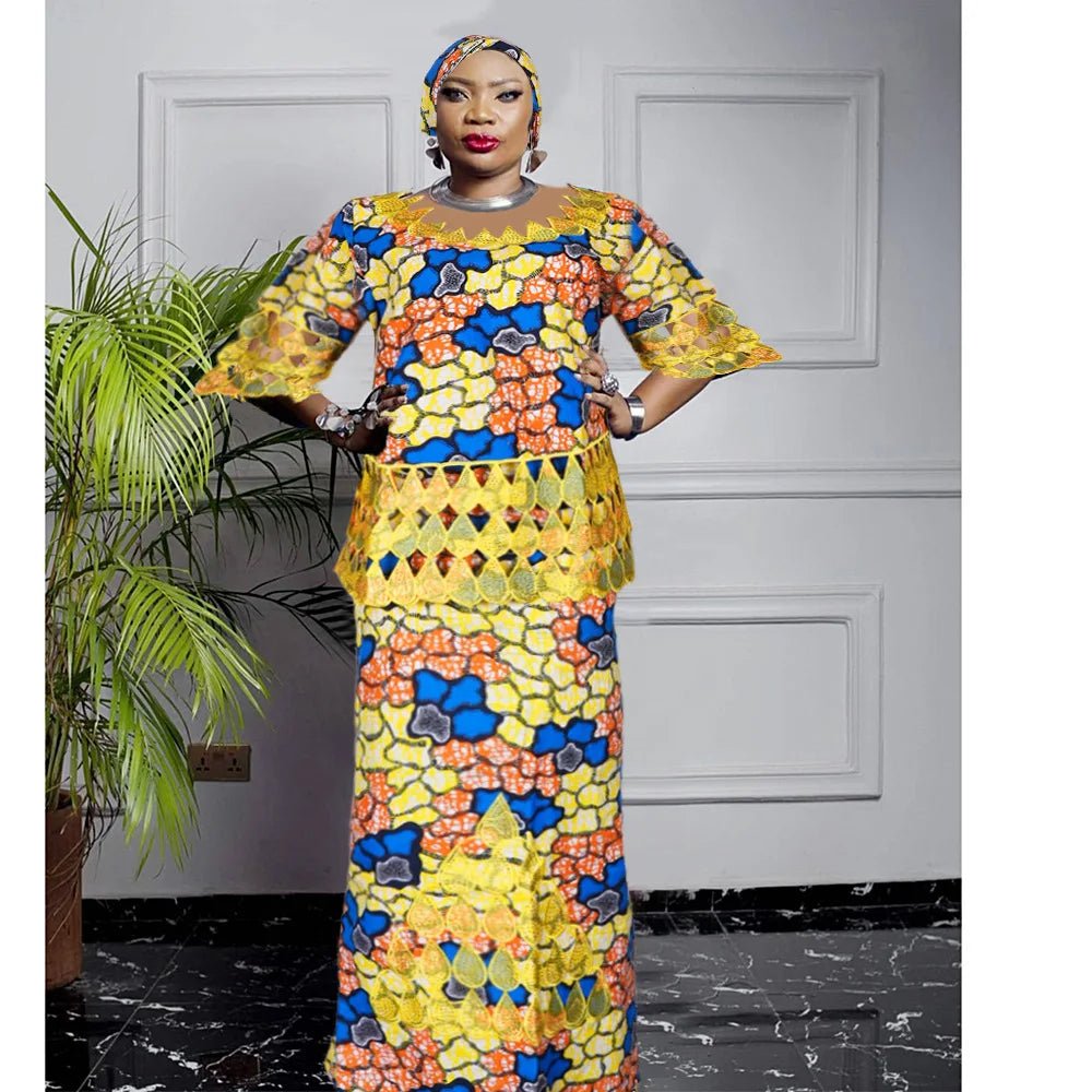 Dashiki Embroidery Plus Size Matching Sets: African Clothes for Women - Wedding Party Evenings, Complete with Headscar - Free Delivery Worldwide only at Flexi Africa