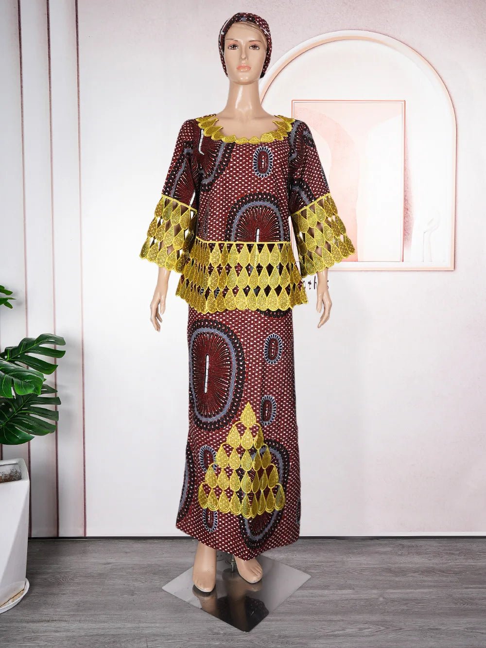 Dashiki Embroidery Plus Size Matching Sets: African Clothes for Women - Wedding Party Evenings, Complete with Headscar - Free Delivery Worldwide only at Flexi Africa