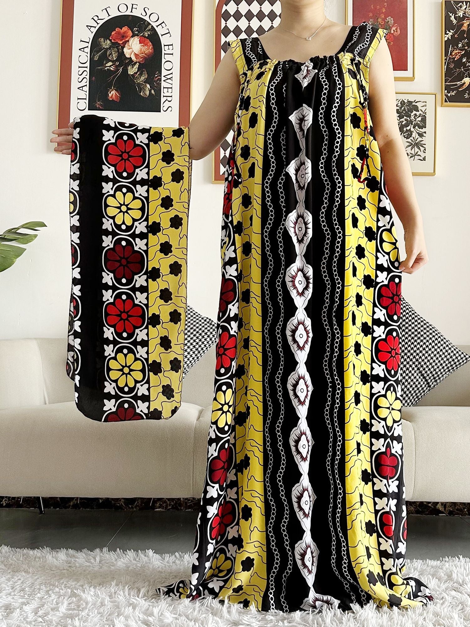 Dashiki Maxi Elegance: Sleeveless Cotton Summer Dress with Matching Scar - Flexi Africa - Free Delivery Worldwide