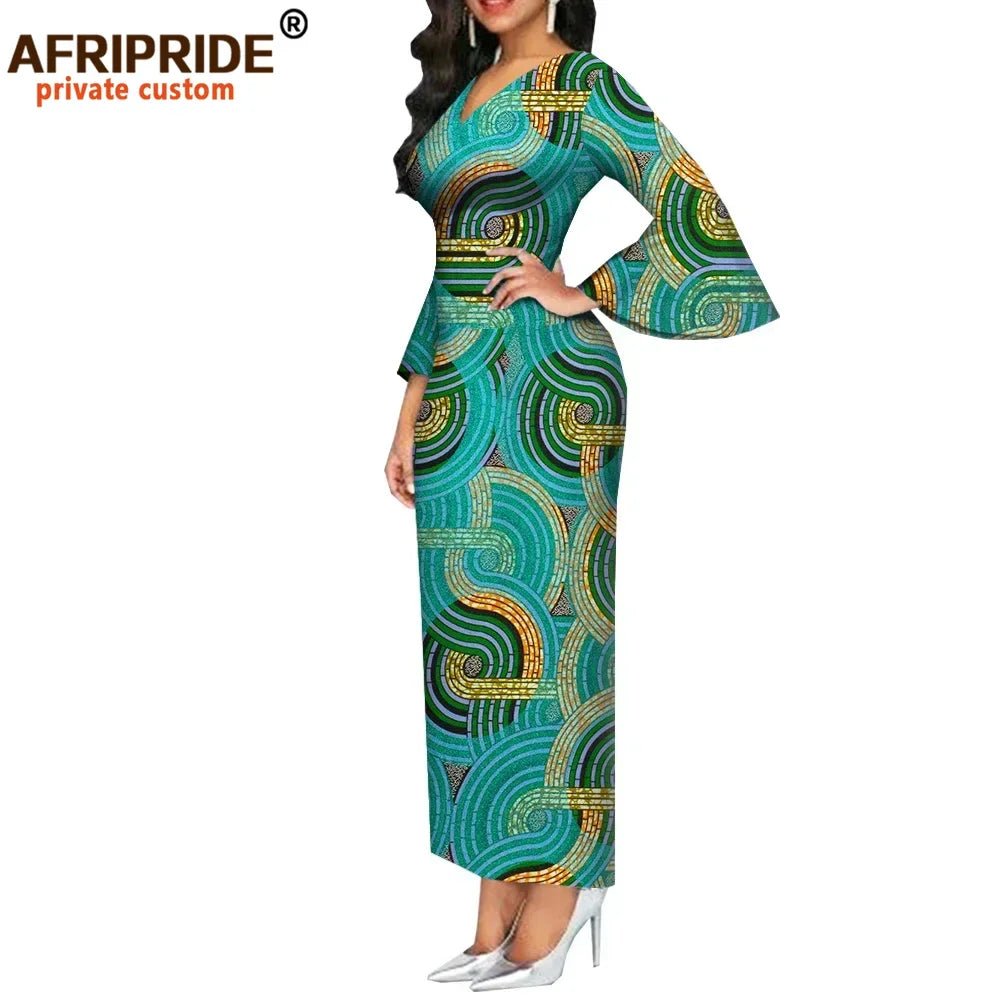 Dashiki Print Bodycon Maxi Dress – Women’s African V - Neck Flare Sleeve Party & Formal Gown - Free Delivery Worldwide only at Flexi Africa