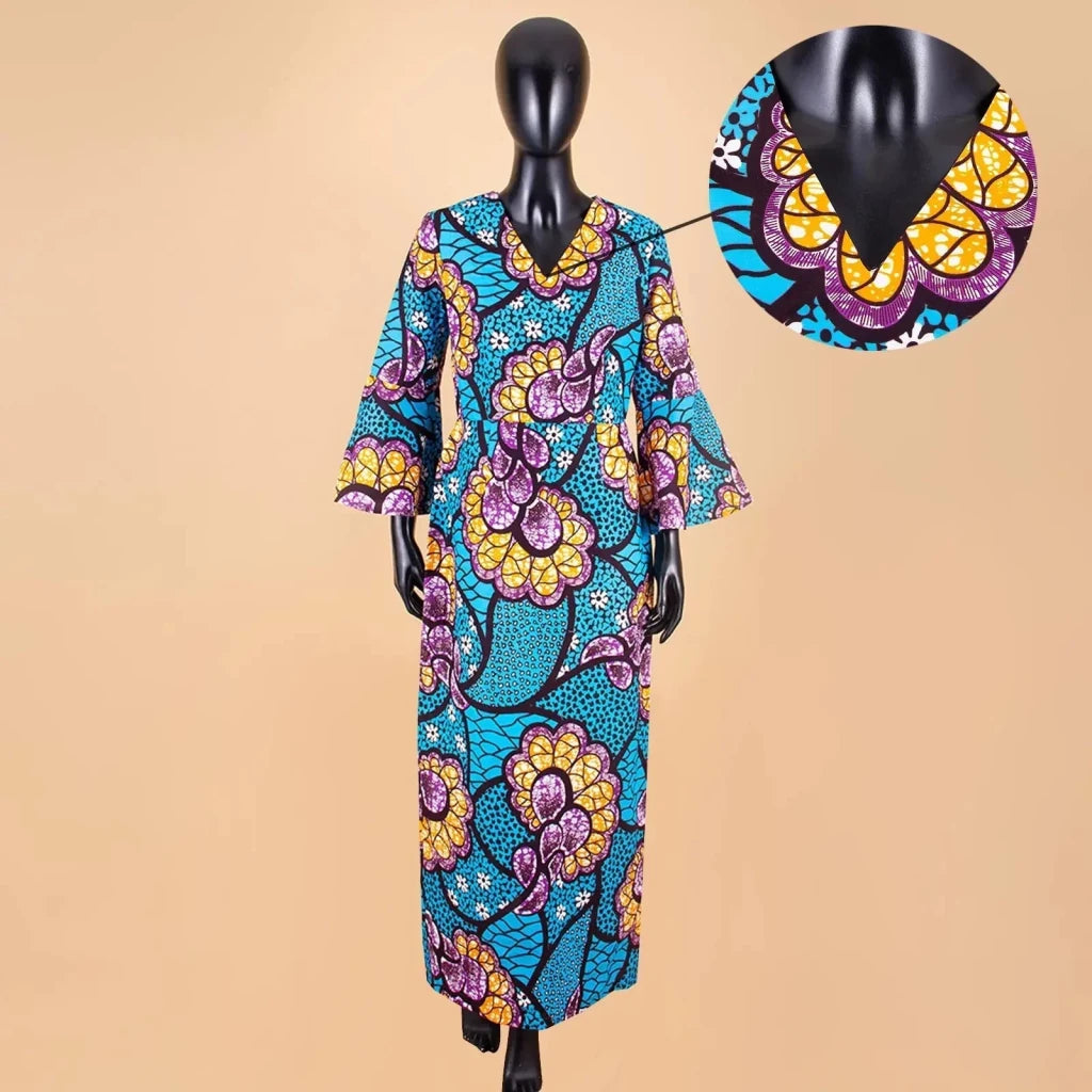 Dashiki Print Bodycon Maxi Dress – Women’s African V - Neck Flare Sleeve Party & Formal Gown - Free Delivery Worldwide only at Flexi Africa