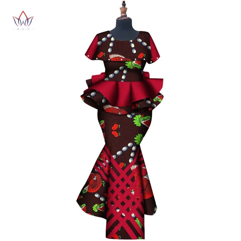 African Binta Real Wax 2PC Set for Women – V - Neck Trench Top & Mermaid Skirt - Free Delivery Worldwide only at Flexi Africa