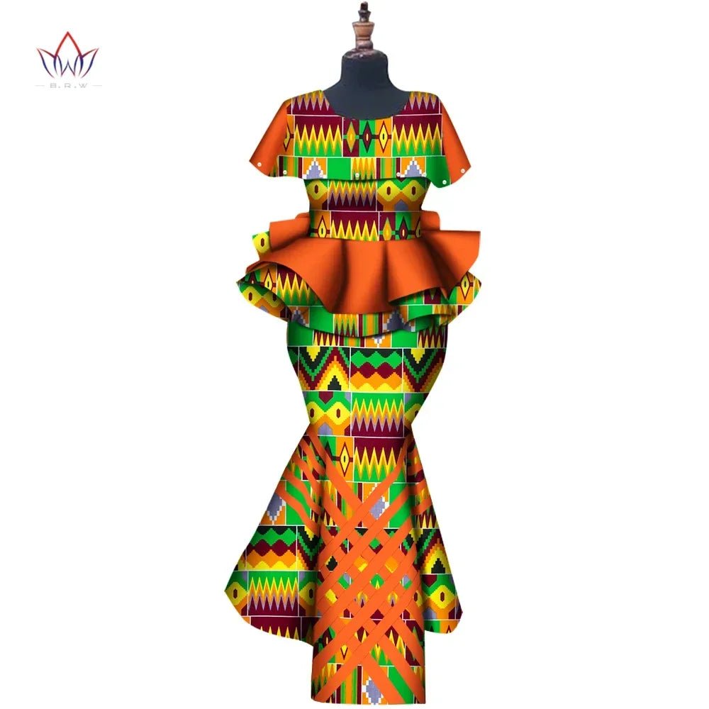 African Binta Real Wax 2PC Set for Women – V - Neck Trench Top & Mermaid Skirt - Free Delivery Worldwide only at Flexi Africa