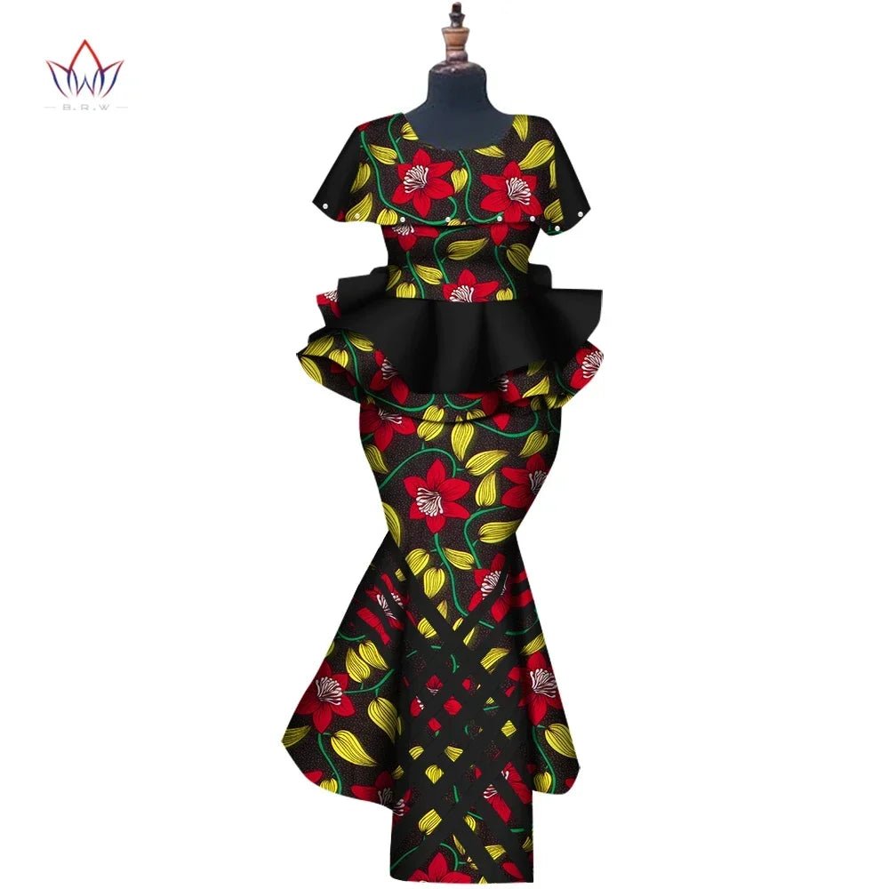 African Binta Real Wax 2PC Set for Women – V - Neck Trench Top & Mermaid Skirt - Free Delivery Worldwide only at Flexi Africa
