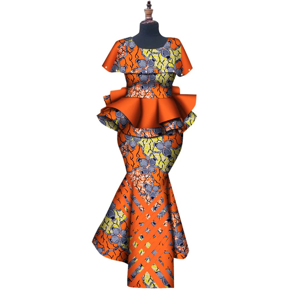 African Binta Real Wax 2PC Set for Women – V - Neck Trench Top & Mermaid Skirt - Free Delivery Worldwide only at Flexi Africa