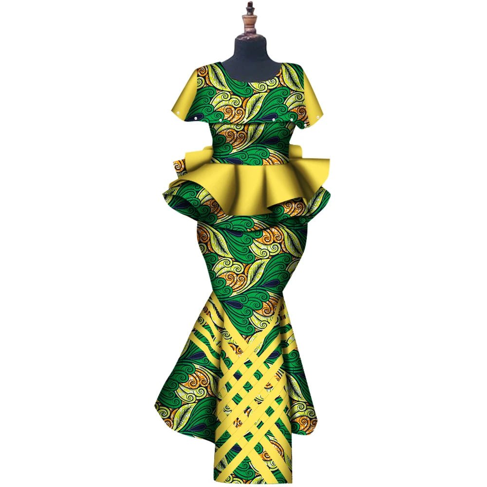 African Binta Real Wax 2PC Set for Women – V - Neck Trench Top & Mermaid Skirt - Free Delivery Worldwide only at Flexi Africa