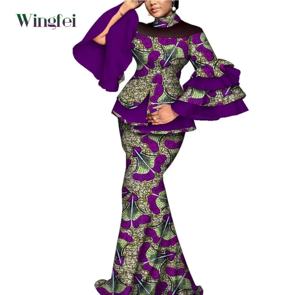 Elegant African Dashiki Outfit for Women – Flare Sleeve Blouse and Maxi Long Skirt 2PC Set - Free Delivery Worldwide only at Flexi Africa