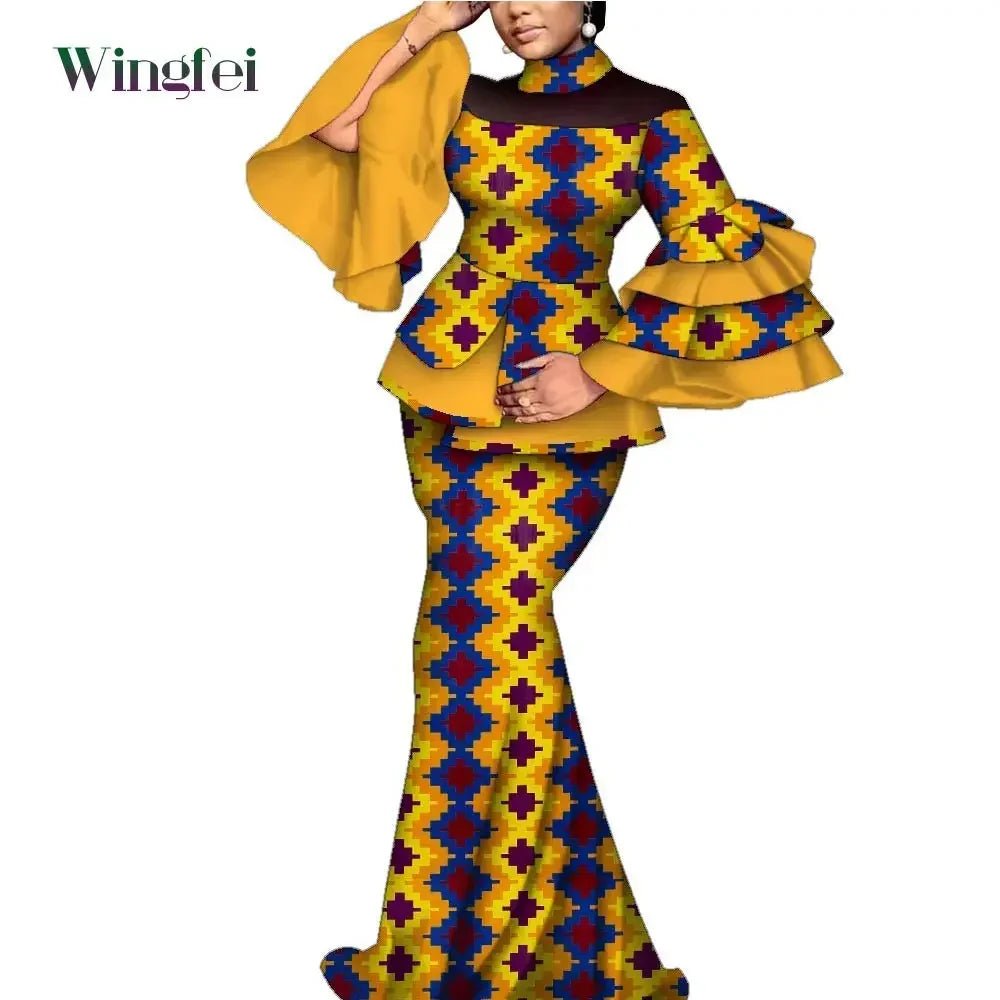 Elegant African Dashiki Outfit for Women – Flare Sleeve Blouse and Maxi Long Skirt 2PC Set - Free Delivery Worldwide only at Flexi Africa