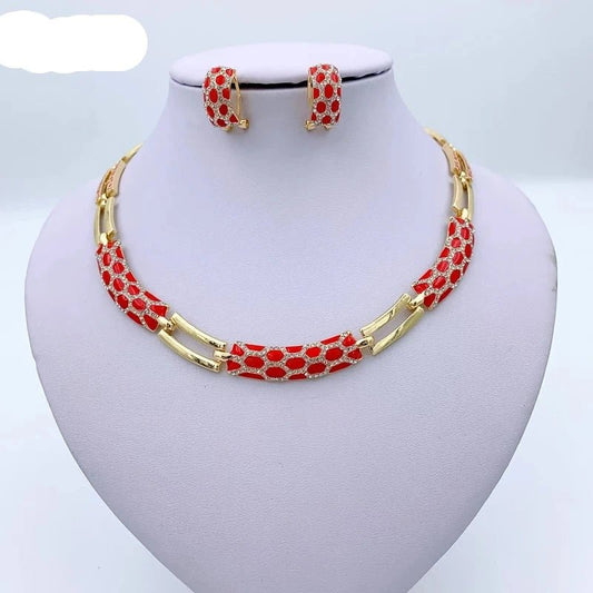 Elegant African Jewelry Sets: Classic Red Enamel Bridal Wedding Necklace, Bracelet, Earrings, and Rings - Free Delivery Worldwide only at Flexi Africa