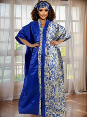 Elegant African Kaftan for Women – Satin - Neck Robe with Gold Floral Print - Free Delivery Worldwide only at Flexi Africa