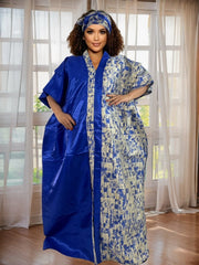 Elegant African Kaftan for Women – Satin - Neck Robe with Gold Floral Print - Free Delivery Worldwide only at Flexi Africa