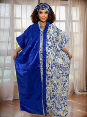 Elegant African Kaftan for Women – Satin - Neck Robe with Gold Floral Print - Free Delivery Worldwide only at Flexi Africa