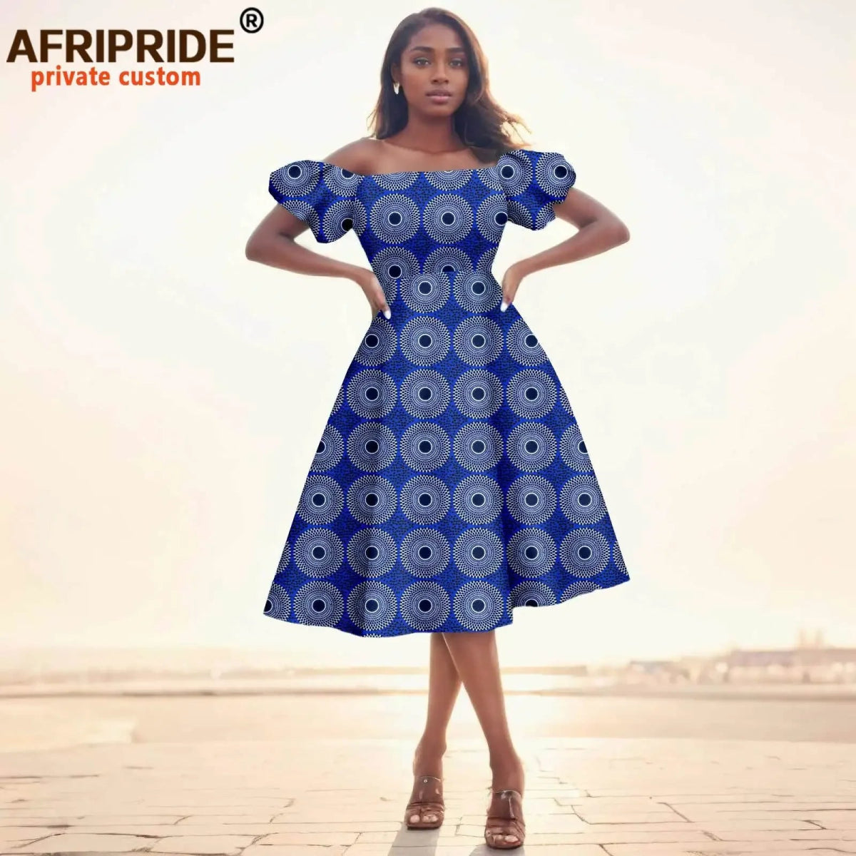 Elegant African Midi Dress – High - Waist Ankara Fashion Wear with Short Sleeves - Free Delivery Worldwide only at Flexi Africa