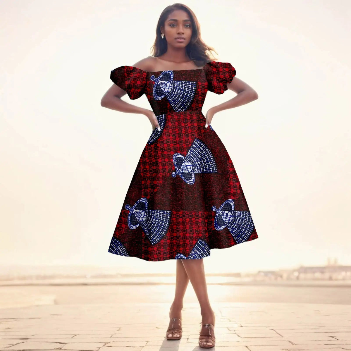 Elegant African Midi Dress – High - Waist Ankara Fashion Wear with Short Sleeves - Free Delivery Worldwide only at Flexi Africa