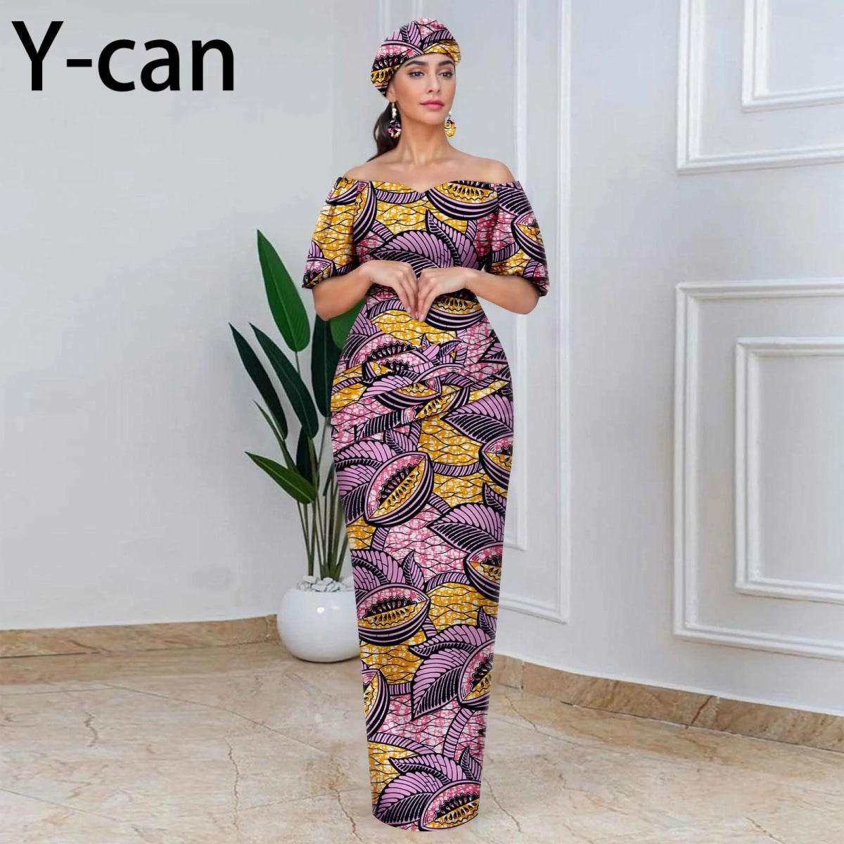 Elegant African Off - Shoulder Maxi Dress with Matching Headscarf & Earrings - Free Delivery Worldwide only at Flexi Africa