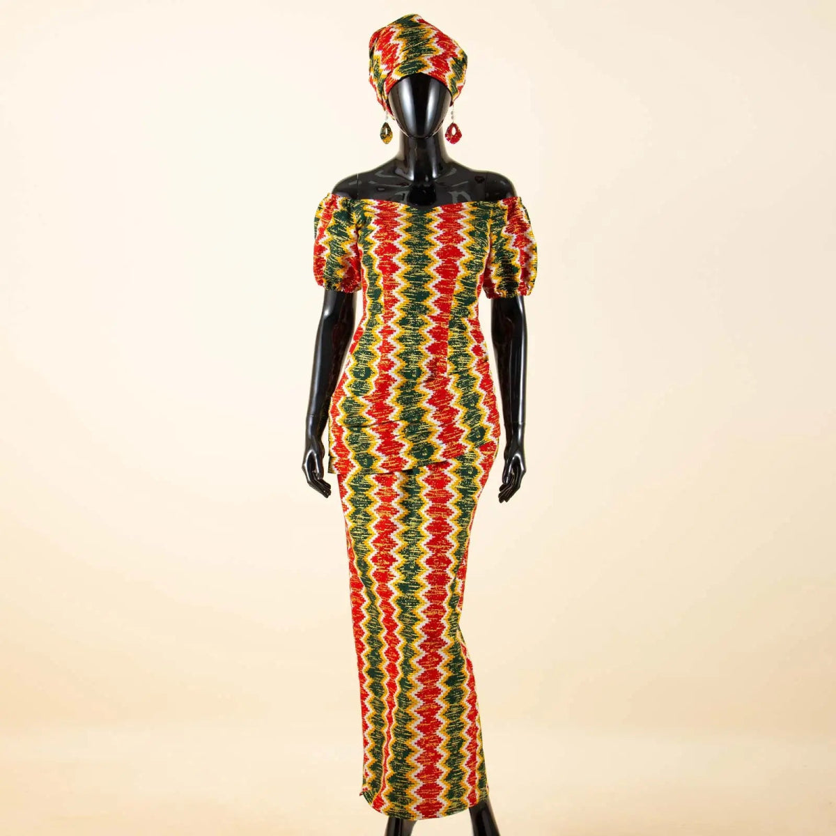Elegant African Off - Shoulder Maxi Dress with Matching Headscarf & Earrings - Free Delivery Worldwide only at Flexi Africa