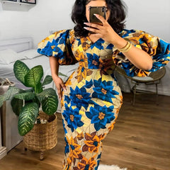 Elegant African Print Dresses for Women - V - Neck, Short Lantern Sleeve, High Waist Party and Wedding Gowns - Free Delivery Worldwide only at Flexi Africa