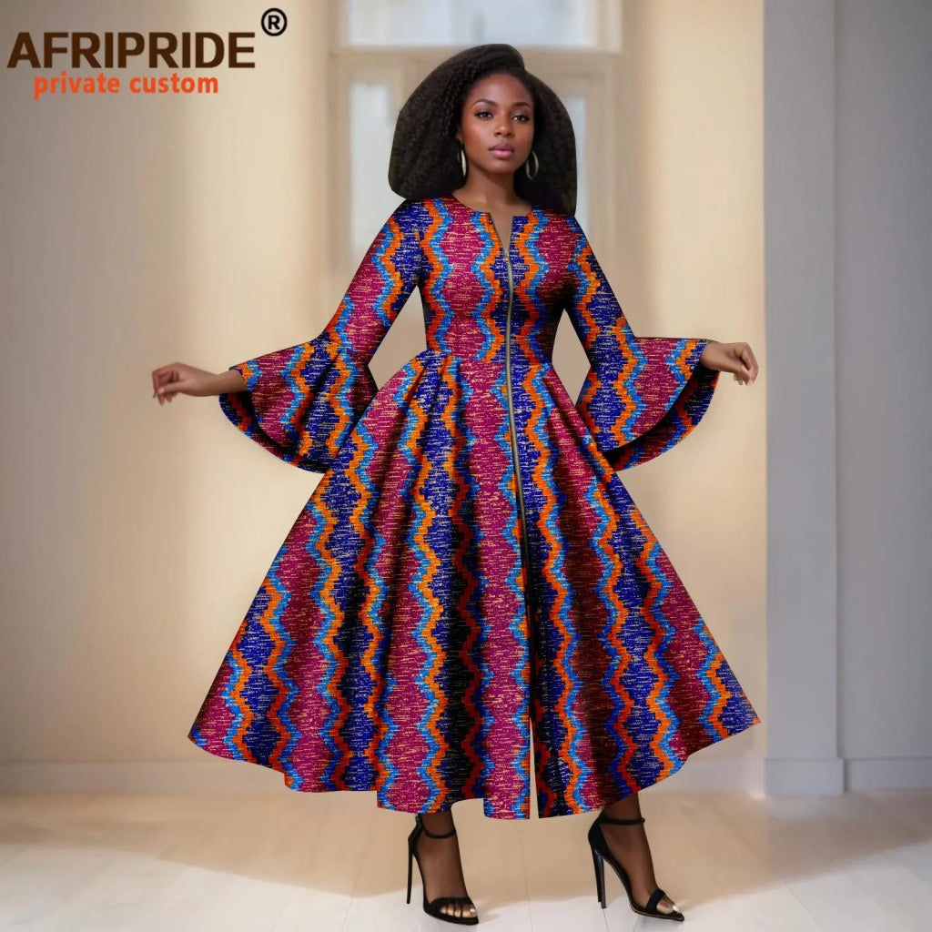 Elegant African Print Long Dress – Flare Sleeve Dashiki Maxi Style for Women - Free Delivery Worldwide only at Flexi Africa