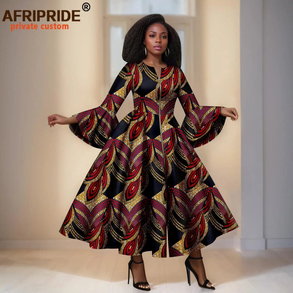 Elegant African Print Long Dress – Flare Sleeve Dashiki Maxi Style for Women - Free Delivery Worldwide only at Flexi Africa