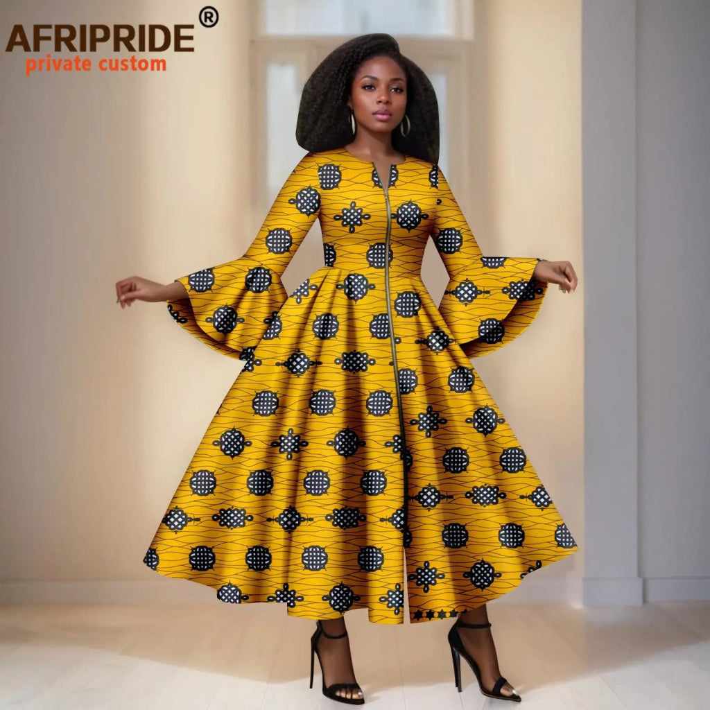 Elegant African Print Long Dress – Flare Sleeve Dashiki Maxi Style for Women - Free Delivery Worldwide only at Flexi Africa