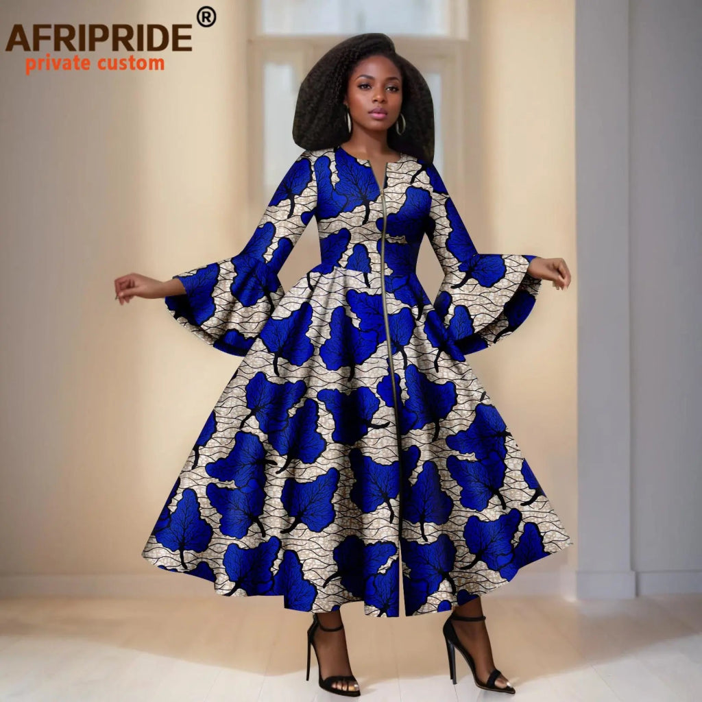 Elegant African Print Long Dress – Flare Sleeve Dashiki Maxi Style for Women - Free Delivery Worldwide only at Flexi Africa