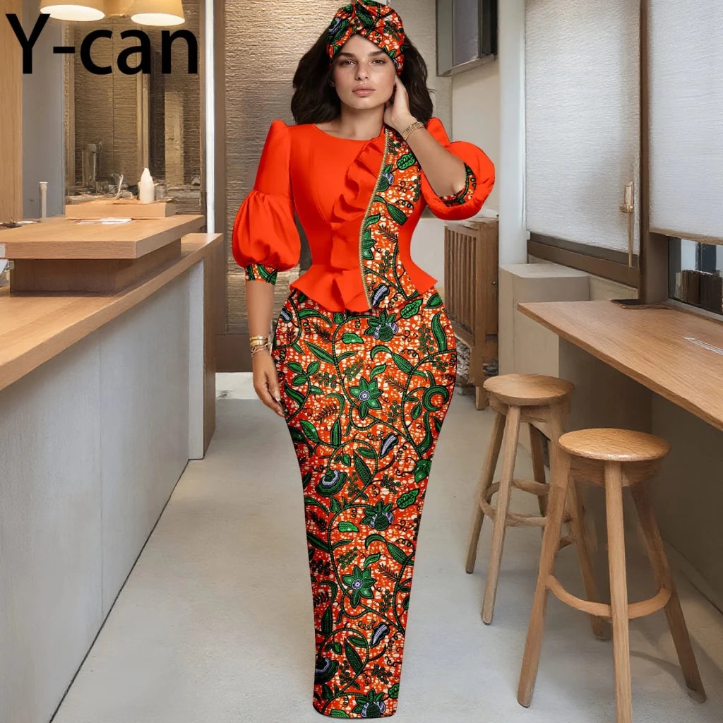 Elegant African Skirt Set – Lantern Sleeve Ruffled Top, Slim Skirt & Matching Headwrap - Free Delivery Worldwide only at Flexi Africa