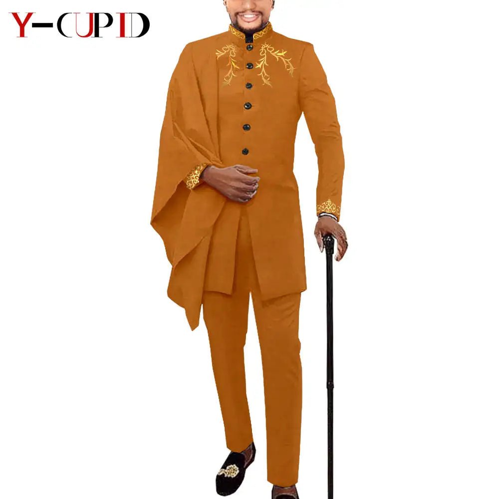 Elegant African Wedding Couple Outfits – Women's Slim Fit Mermaid Dress & Men's Bazin Riche Jacket Pant Set with Hat - Free Delivery Worldwide only at Flexi Africa