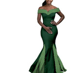 Elegant African Wedding Couple Outfits – Women's Slim Fit Mermaid Dress & Men's Bazin Riche Jacket Pant Set with Hat - Free Delivery Worldwide only at Flexi Africa