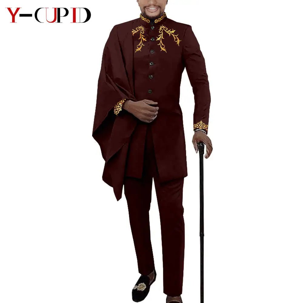 Elegant African Wedding Couple Outfits – Women's Slim Fit Mermaid Dress & Men's Bazin Riche Jacket Pant Set with Hat - Free Delivery Worldwide only at Flexi Africa