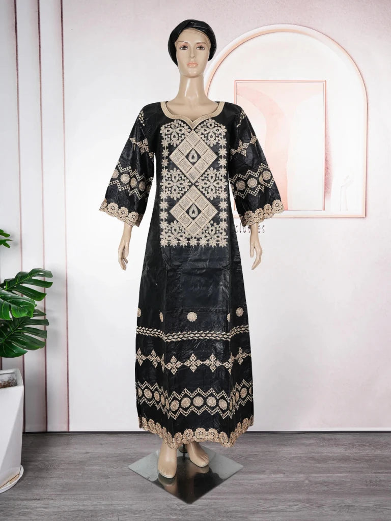 Elegant African Women’s Bazin Riche Dress – Embroidered Plus Size Wedding Boubou Kaftan Gown - Free Delivery Worldwide only at Flexi Africa