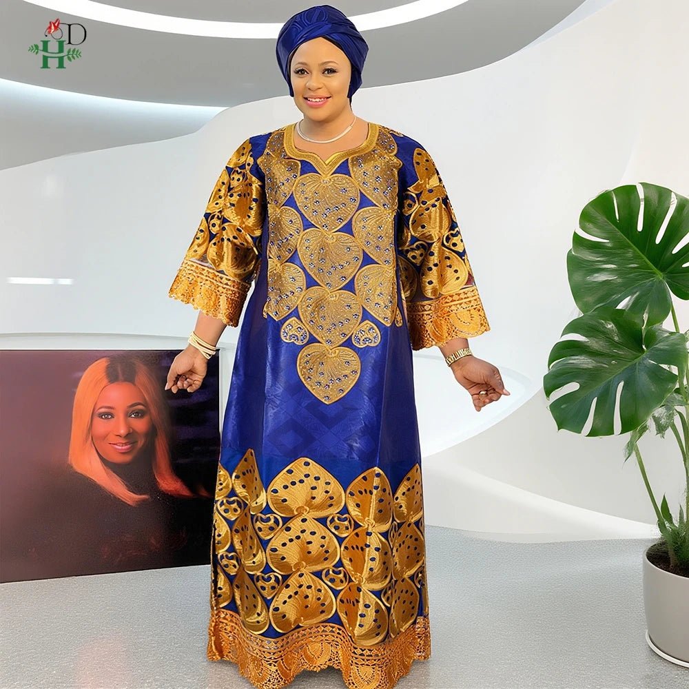 Elegant African Women’s Bazin Riche Dress – Embroidered Plus Size Wedding Boubou Kaftan Gown - Free Delivery Worldwide only at Flexi Africa