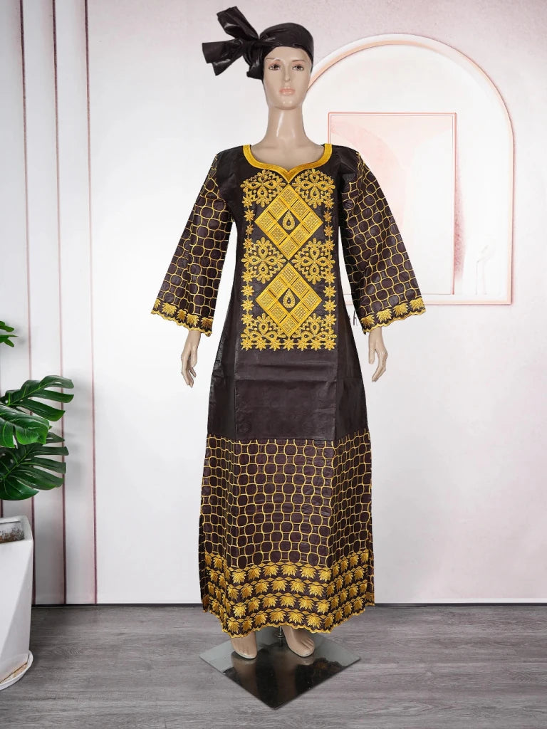Elegant African Women’s Bazin Riche Dress – Embroidered Plus Size Wedding Boubou Kaftan Gown - Free Delivery Worldwide only at Flexi Africa