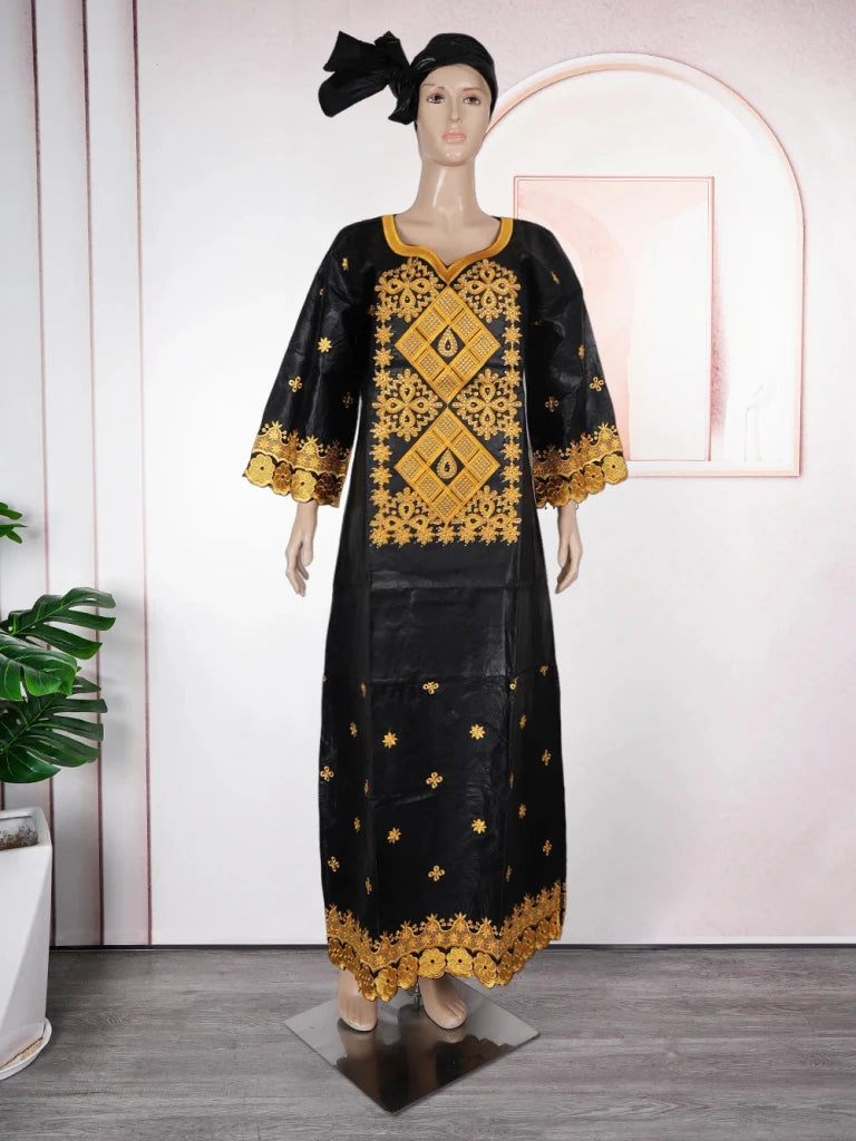 Elegant African Women’s Bazin Riche Dress – Embroidered Plus Size Wedding Boubou Kaftan Gown - Free Delivery Worldwide only at Flexi Africa