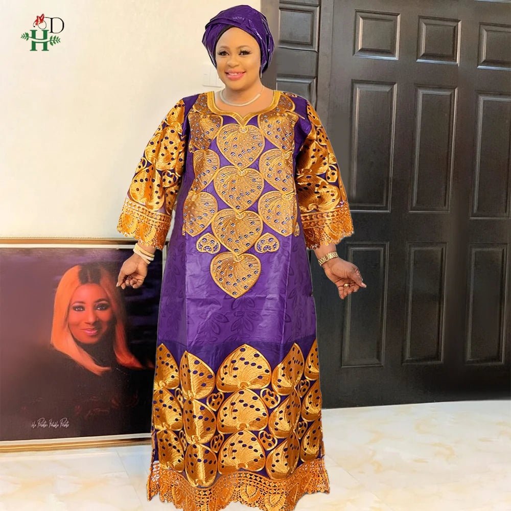 Elegant African Women’s Bazin Riche Dress – Embroidered Plus Size Wedding Boubou Kaftan Gown - Free Delivery Worldwide only at Flexi Africa
