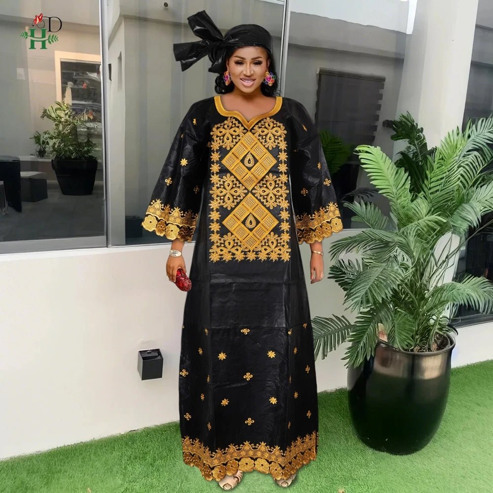 Elegant African Women’s Bazin Riche Dress – Embroidered Plus Size Wedding Boubou Kaftan Gown - Free Delivery Worldwide only at Flexi Africa