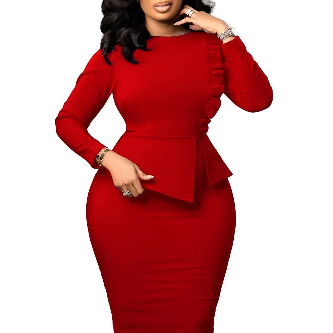 Elegant African Women’s Bodycon Midi Dress – High Waist Long Sleeve Spring Dress - Free Delivery Worldwide only at Flexi Africa