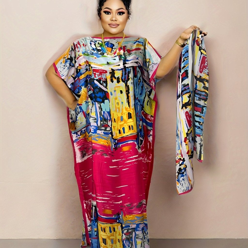 Elegant Plus Size Abstract Kaftan Maxi Dress – Flowy Batwing Sleeves & Timeless Chic - Free Delivery Worldwide only at Flexi Africa