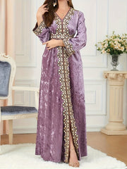 Elegant Velvet Embroidered Abaya Kaftan for Women – V - Neck Maxi Dress with Belt - Free Delivery Worldwide only at Flexi Africa