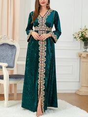 Elegant Velvet Embroidered Abaya Kaftan for Women – V - Neck Maxi Dress with Belt - Free Delivery Worldwide only at Flexi Africa