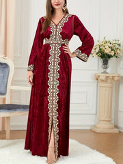 Elegant Velvet Embroidered Abaya Kaftan for Women – V - Neck Maxi Dress with Belt - Free Delivery Worldwide only at Flexi Africa