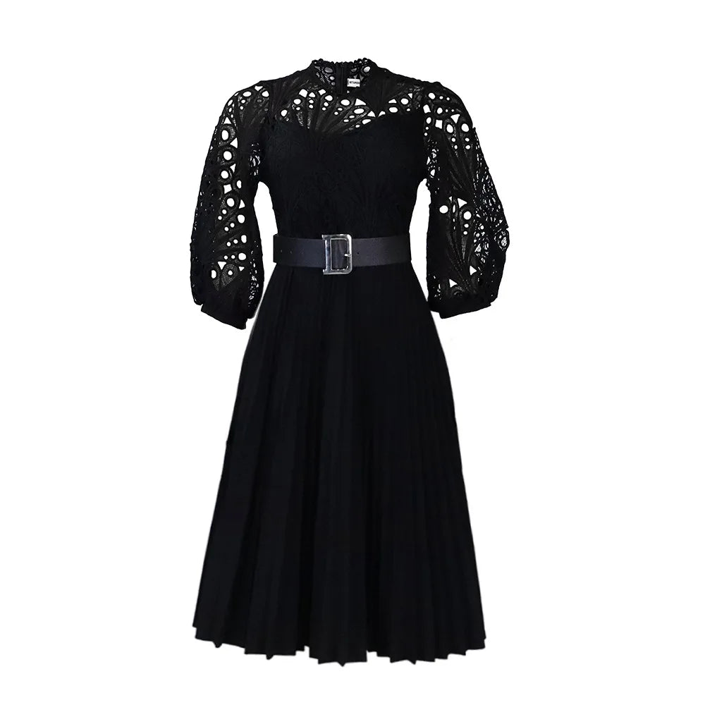 Elegant Wind Summer Lace Crochet Sexy Hollow Pleated Temperament Commuter Solid Color Dresses - Flexi Africa - Free Delivery Worldwide only at www.flexiafrica.com