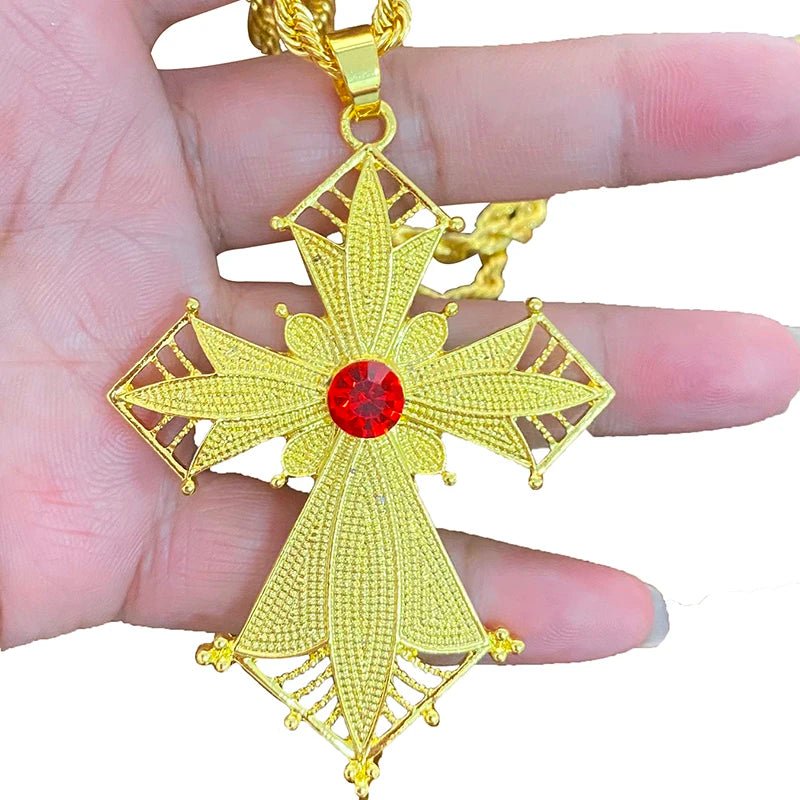 Ethiopian Cross Pendant Necklace with 80cm Twisted Chain – Gold Color African Wedding Party Jewelry Gift - Free Delivery Worldwide only at Flexi Africa