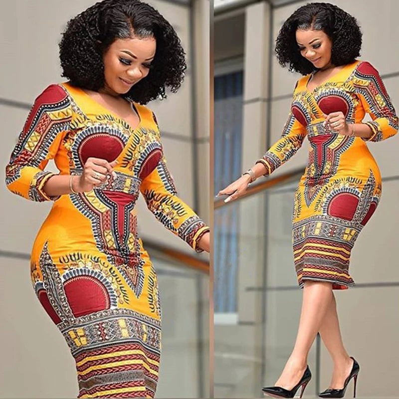 Ethnic Print V-neck Dress: Stylish Package Hip Skirt with A-line Silhouette - Women's Fashion - Flexi Africa - Flexi Africa offers Free Delivery Worldwide - Vibrant African traditional clothing showcasing bold prints and intricate designs