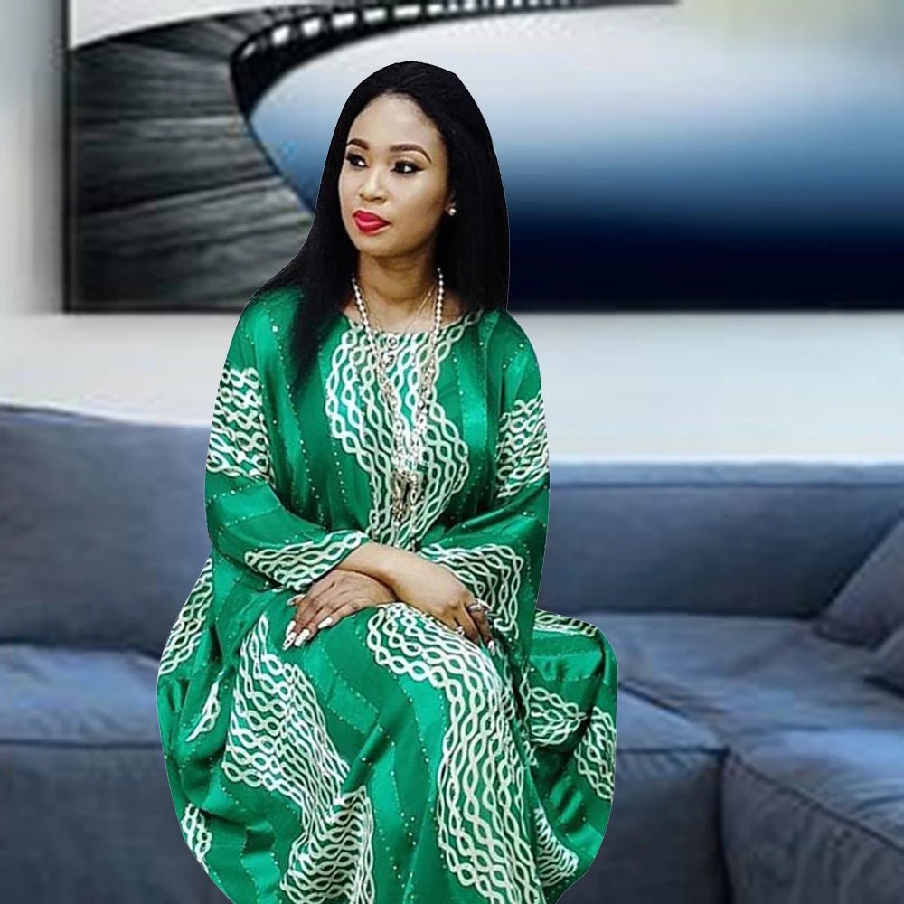 Fashion 2025 African Dresses Women Batwing Sleeve O - neck Wave Pattern Diamond Stripe Print Loose Party Chiffon Maxi Dress - Free Delivery Worldwide only at Flexi Africa