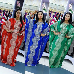 Fashion 2025 African Dresses Women Batwing Sleeve O - neck Wave Pattern Diamond Stripe Print Loose Party Chiffon Maxi Dress - Free Delivery Worldwide only at Flexi Africa