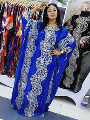 Fashion 2025 African Dresses Women Batwing Sleeve O - neck Wave Pattern Diamond Stripe Print Loose Party Chiffon Maxi Dress - Free Delivery Worldwide only at Flexi Africa