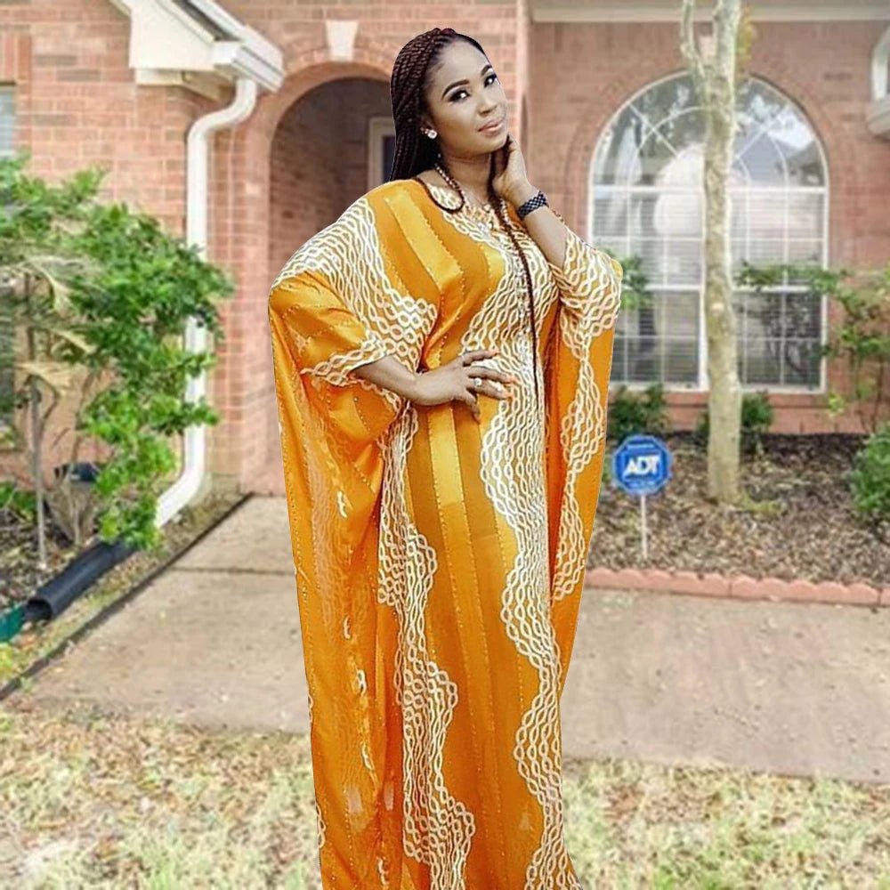 Fashion 2025 African Dresses Women Batwing Sleeve O - neck Wave Pattern Diamond Stripe Print Loose Party Chiffon Maxi Dress - Free Delivery Worldwide only at Flexi Africa