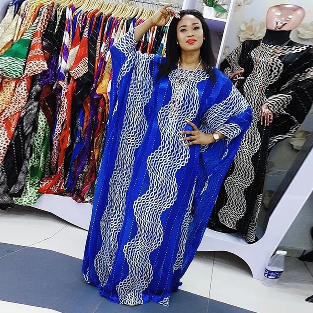 Fashion 2025 African Dresses Women Batwing Sleeve O - neck Wave Pattern Diamond Stripe Print Loose Party Chiffon Maxi Dress - Free Delivery Worldwide only at Flexi Africa