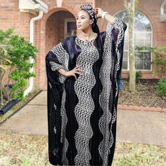 Fashion 2025 African Dresses Women Batwing Sleeve O - neck Wave Pattern Diamond Stripe Print Loose Party Chiffon Maxi Dress - Free Delivery Worldwide only at Flexi Africa